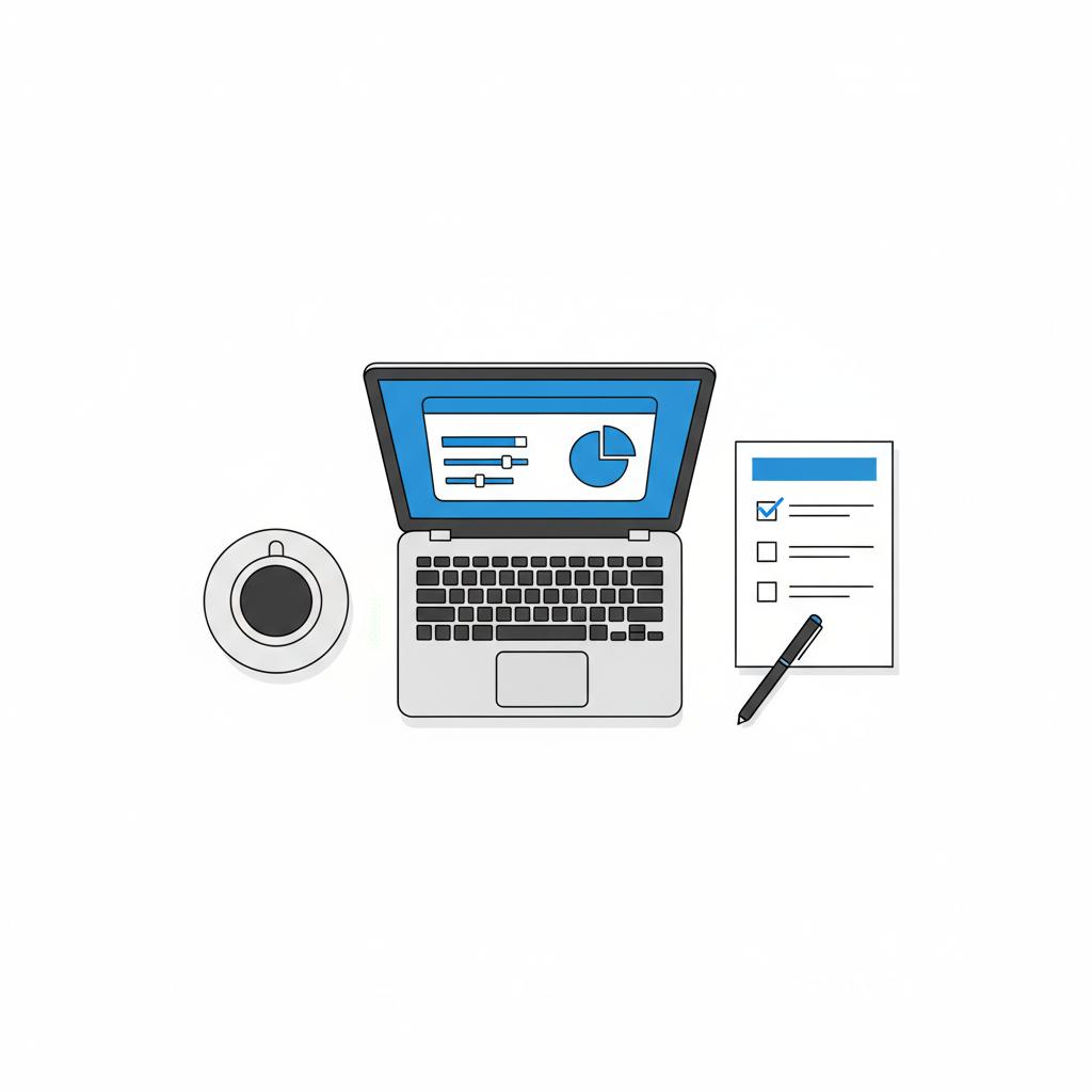 Minimalist 2D vector workspace with laptop showing an amortization calculator graphic and a printed checklist with blue header coffee cup and pen 20-4-10 rule for buying a car