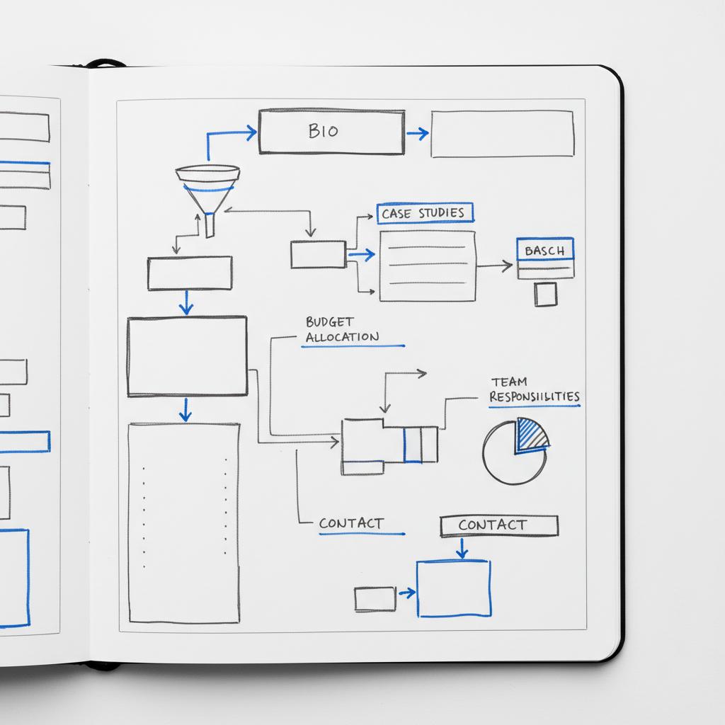 Close-up planner page with hand-drawn flowcharts illustrating a personal branding framework; empty boxes imply bio, case studies, contact; charcoal lines (#39383f) and blue accents (#1a5bfb) on white background.