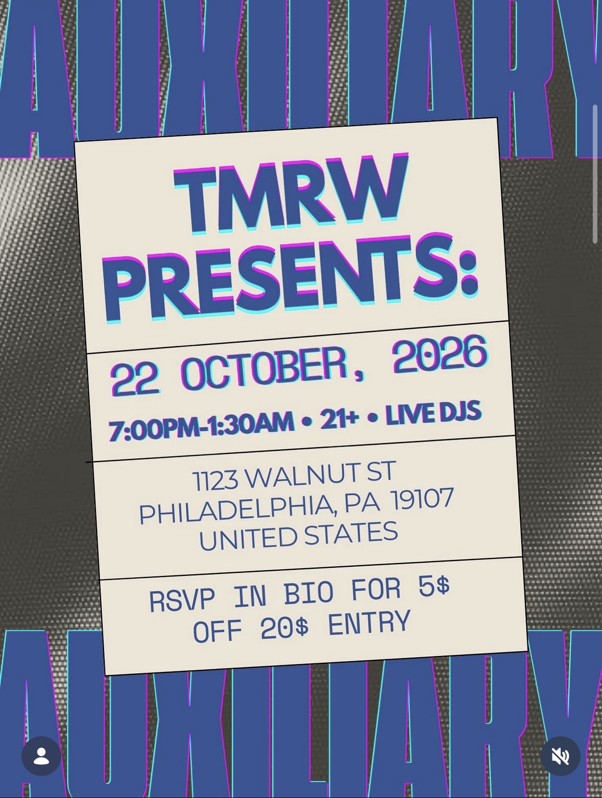 Flyer for TMRW Presents: Auxiliary