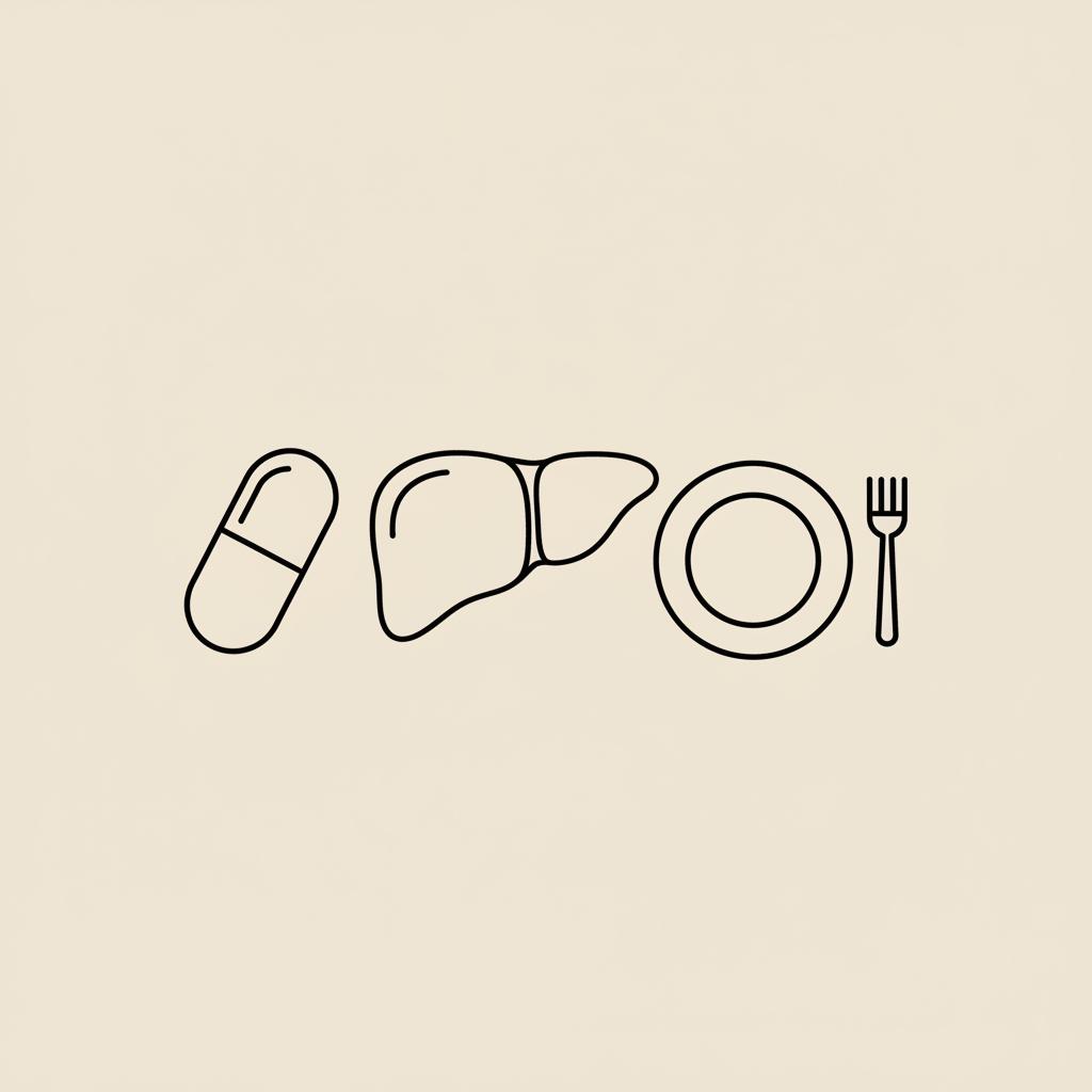 Tonum-style minimalist line illustration: capsule, simplified liver, and plate with fork on beige background representing metabolism — how long does berberine take to work