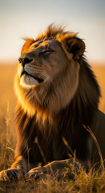 Close-up Portrait of a Male Lion Basking in Golden Light in Dry African Grass - Free mobile Wallpaper