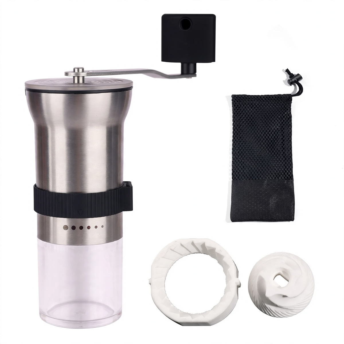 Hand-crank coffee grinder with ceramic or steel grinding mechanism