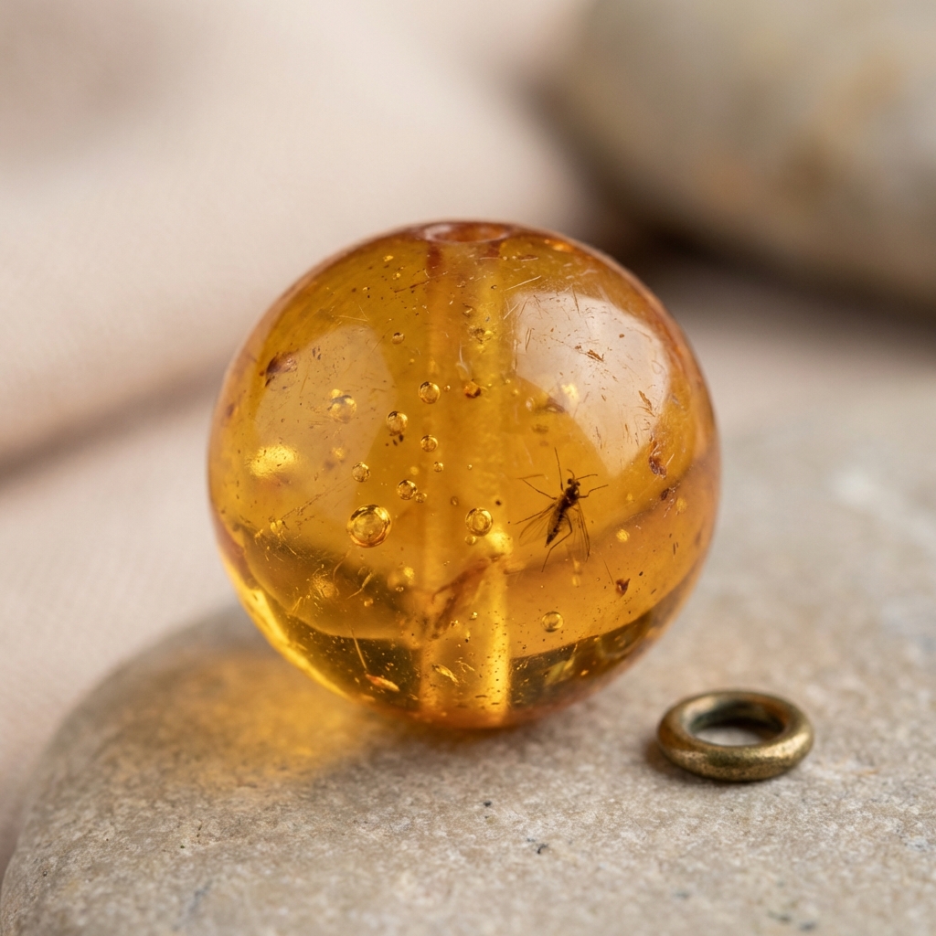 Macro photo of an amber bead showing tiny gas bubbles and a small insect inclusion illustrating ancient roman jewelry making on a neutral ede7da background minimalist composition