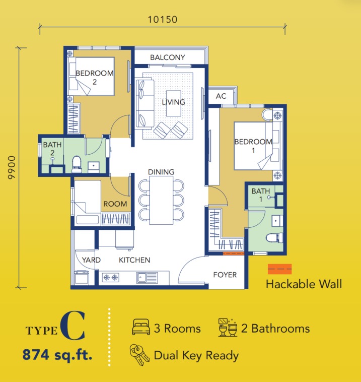 GenStarz Type C floor plan — 874 sq ft, 3 bedrooms