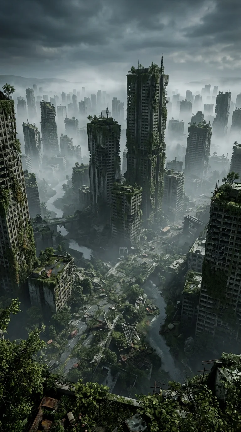 Post-Apocalyptic Cityscape with Overgrown Skyscrapers and Mist - Free 8K and 4K mobile Wallpaper Background