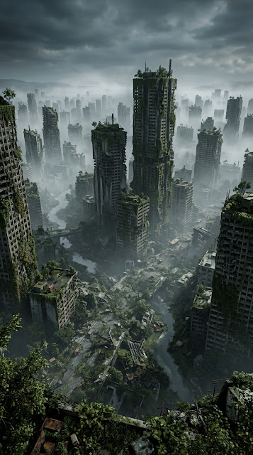 Post-Apocalyptic Cityscape with Overgrown Skyscrapers and Mist - Free mobile Wallpaper