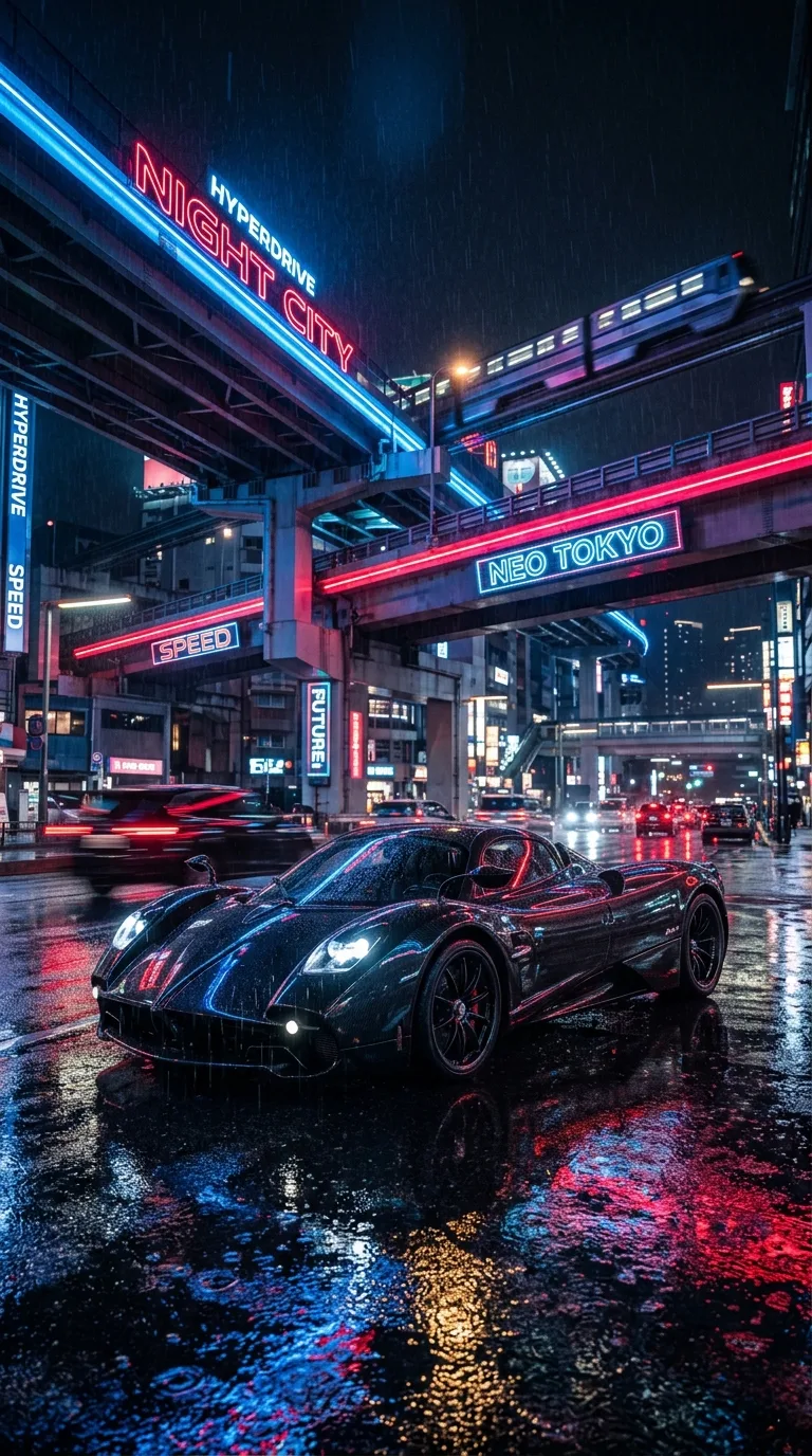 Black Hypercar Neon City Rain Aesthetic Wallpaper - Free 8K and 4K mobile Wallpaper Background