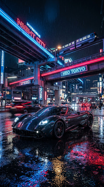Black Hypercar Neon City Rain Aesthetic Wallpaper - Free mobile Wallpaper