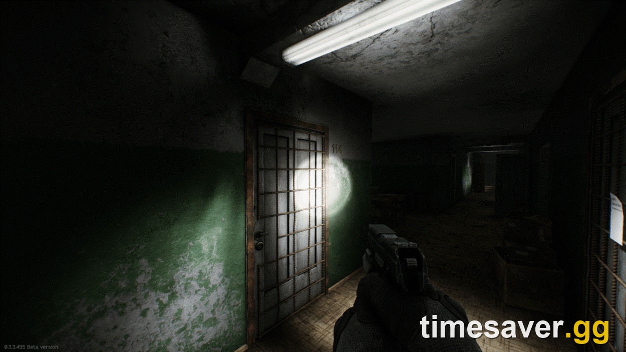 Escape from Tarkov Customs Dorms locked marked-room door, lit corridor interior