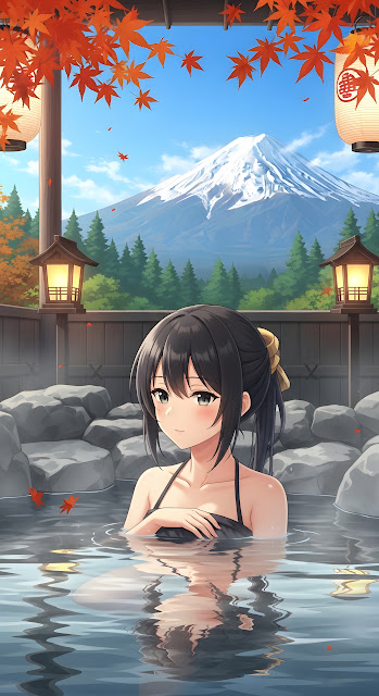 Anime Girl Relaxing in an Autumn Onsen Hot Spring - Free mobile Wallpaper