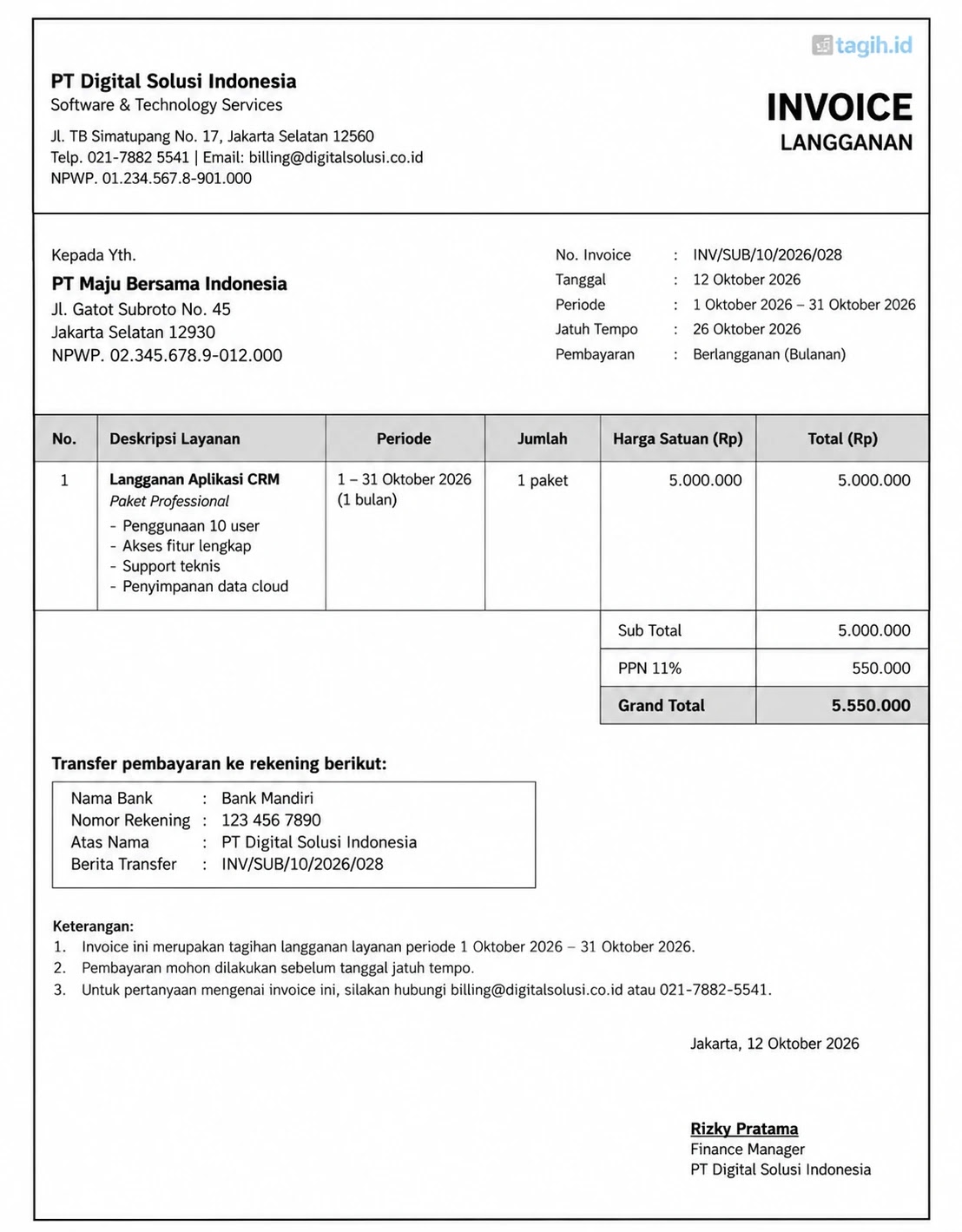 Contoh Invoice Berlangganan