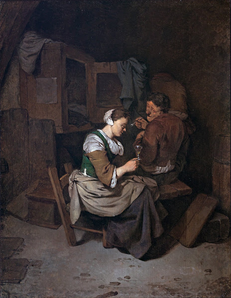 Woman with wineglass and two male peasants circa 1660