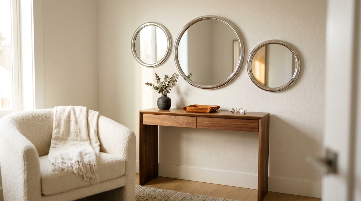 How to Use Chrome Mirrors to Make Small Rooms Feel Brighter - chrome decorative objects arranged on a warm wood console