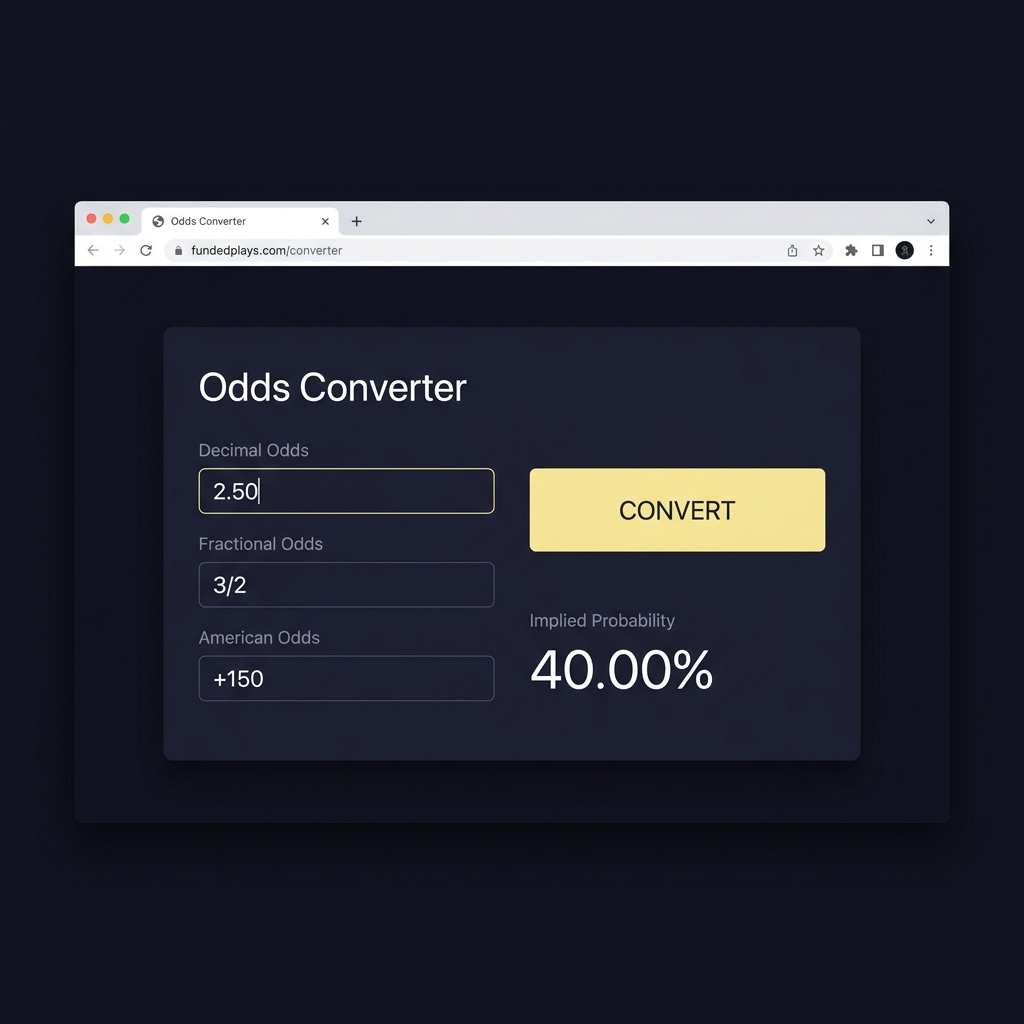 Close up desktop browser showing aceodds odds converter with decimal fractional american fields and implied probability in a minimalist Funded Plays dark UI