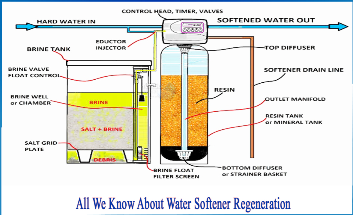 Hero Image / Diagram: "Diagram of water softener resin tank and brine tank during salt regeneration and ion exchange"
