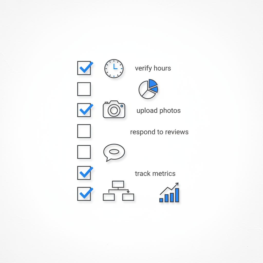 Google Local Guide checklist vector: clean white notebook-style page with four minimal icons (clock, camera, chat bubble, graph), subtle parchment texture and blue accent checks