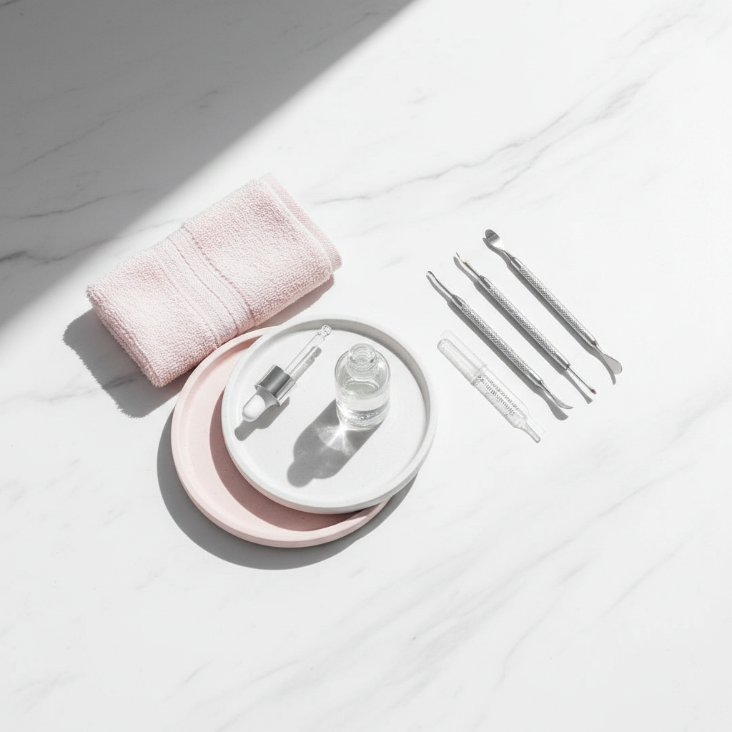 Helles, minimalistisches Stillleben eines Maniküre-Sets auf weißem Marmor mit offenem Nagelöl und pastellrosa Akzenten #f57fb6, geeignet für Nagelveränderungen