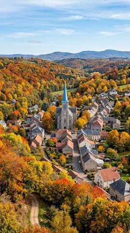 Autumn Village with Stone Church
