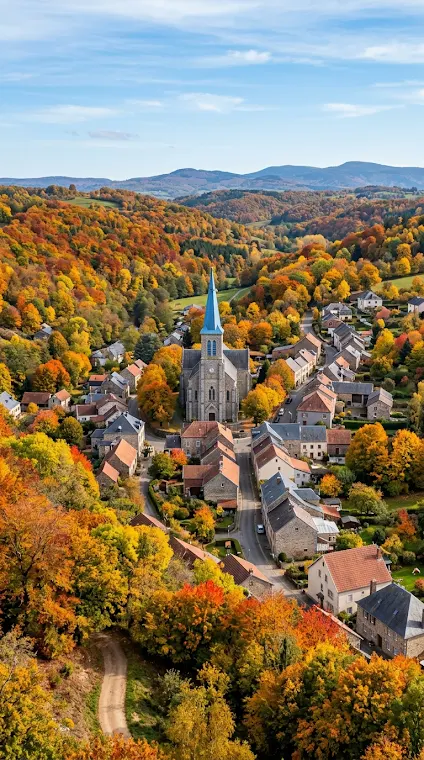 Autumn Village with Stone Church