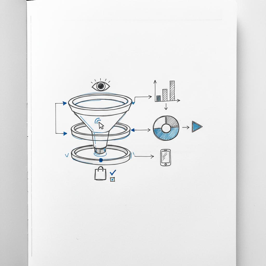 How much do 1000 impressions cost on Instagram? Minimalist top-down notebook sketch of a marketing funnel using hand-drawn icons for impressions, CTR and conversions with blue accents.