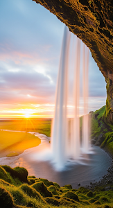 Vertical View from Behind Seljalandsfoss Waterfall at Sunset with Golden Field