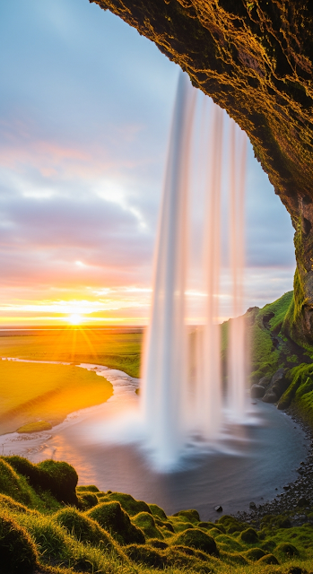 Vertical View from Behind Seljalandsfoss Waterfall at Sunset with Golden Field - Free mobile Wallpaper