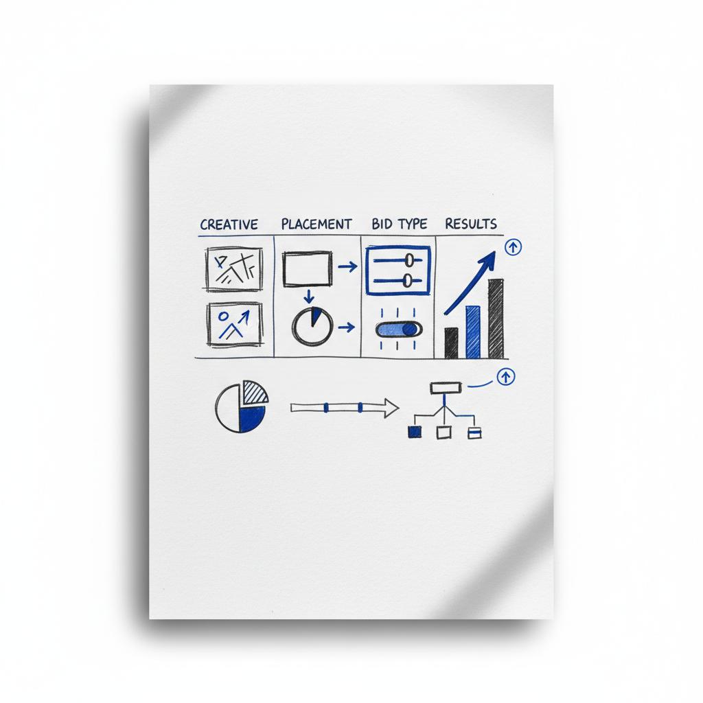 Top-down flat-lay of a white notebook page with minimalist sketches showing an ad experiment in columns&mdash;creative, placement, bid type, results&mdash;charcoal lines and deep blue accents illustrating steps toward good CPM