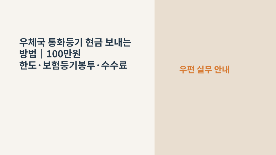 우체국 보험등기봉투에 현금을 넣어 통화등기로 보내는 방법과 100만원 한도를 보여주는 대표 이미지