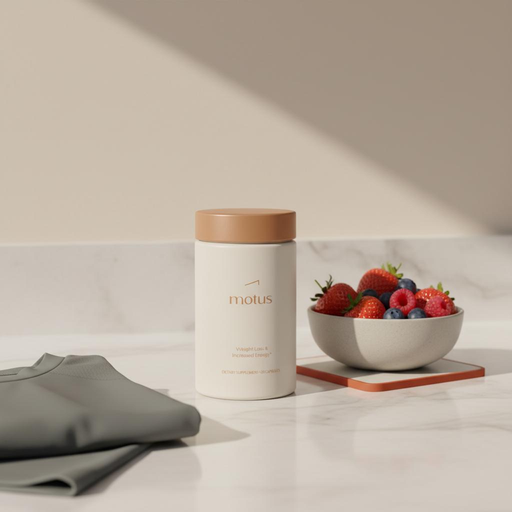 Motus supplement bottle on a minimalist kitchen counter with mixed berries and a folded running top in soft morning light, styled to increase AMPK levels naturally.
