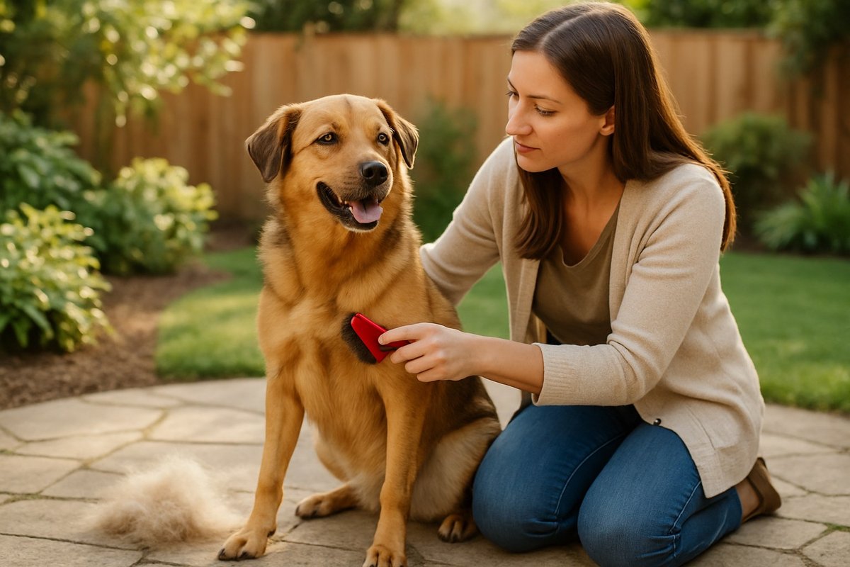 Dog in a garden scene for Pup Choice article about shedding season