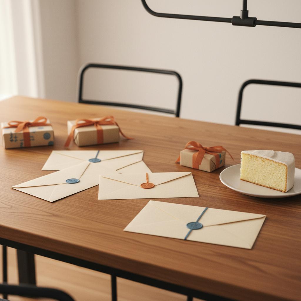 Nahaufnahme Esstisch mit Umschlägen, Geschenkboxen und Vanillekuchen auf Holzoberfläche, warme Lichtstimmung, dezente Metalldetails – silberhochzeit geschenk pro person