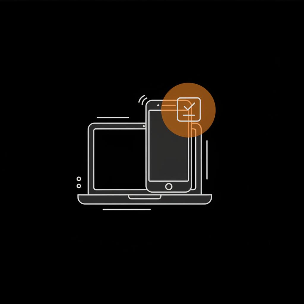 Flat 2D vector of layered phone and laptop with a small checklist icon and orange spotlight on black background for Gmail account recovery.