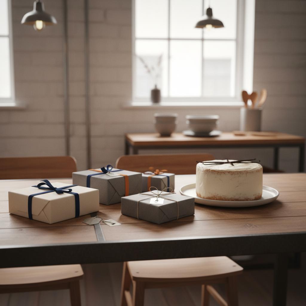 Nahaufnahme geschmackvoll verpackter Geschenkboxen und einfacher Vanilletorte auf Esstisch – was kann man seiner freundin einfach so schenken? Warmes, minimalistisches, industriell inspiriertes Ambiente.