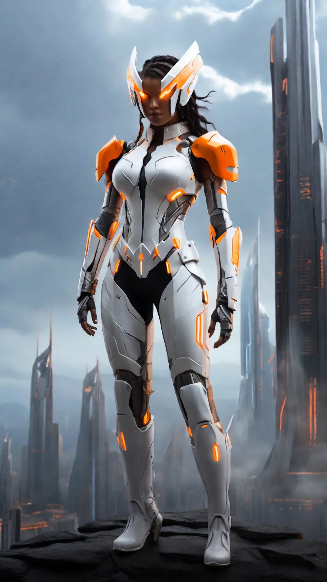 Female warrior in white and orange armor stands on futuristic cliff - Free 4K mobile Wallpaper