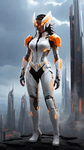 Female warrior in white and orange armor stands on futuristic cliff