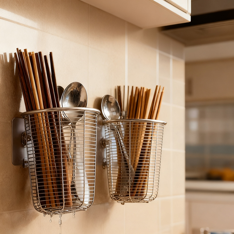 Stainless Steel Chopstick Holder with Drain, Wall-Mountable