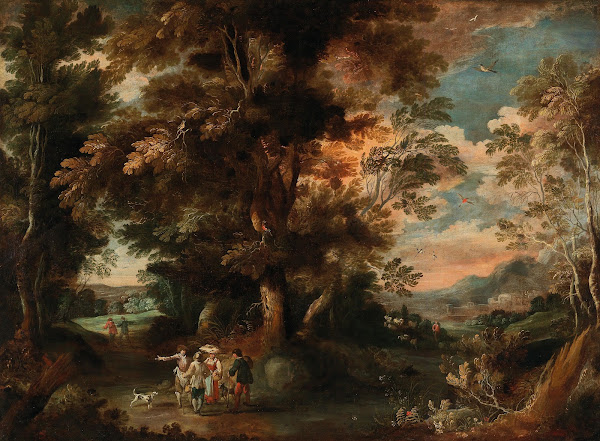 A wooded landscape with travellers