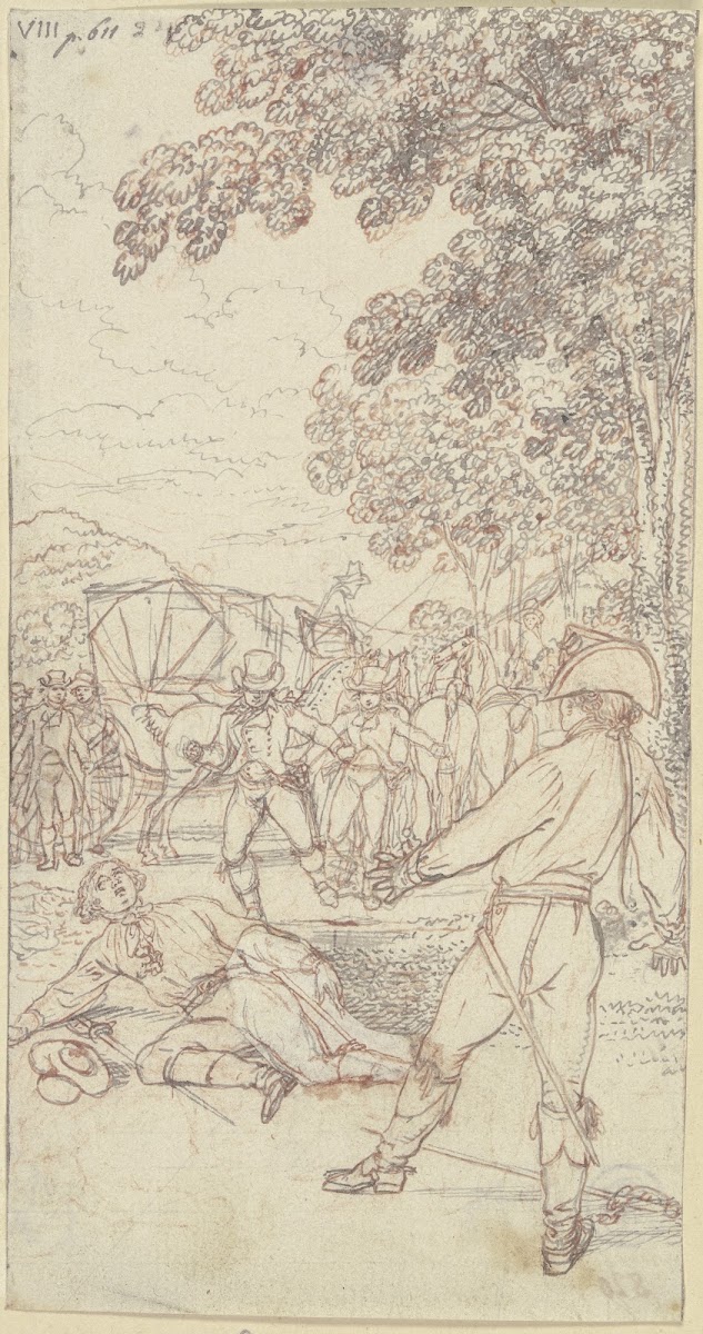 Das Duell zwischen Lovelace und Oberst Morden Lovelace sterbend am Boden ca 1796