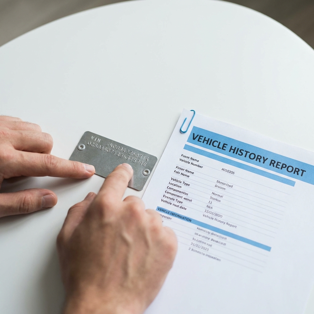 Close up of VIN plate and printed vehicle history report on white table with hands pointing to VIN used honda accord for sale minimalist CarFax Deals blue accent