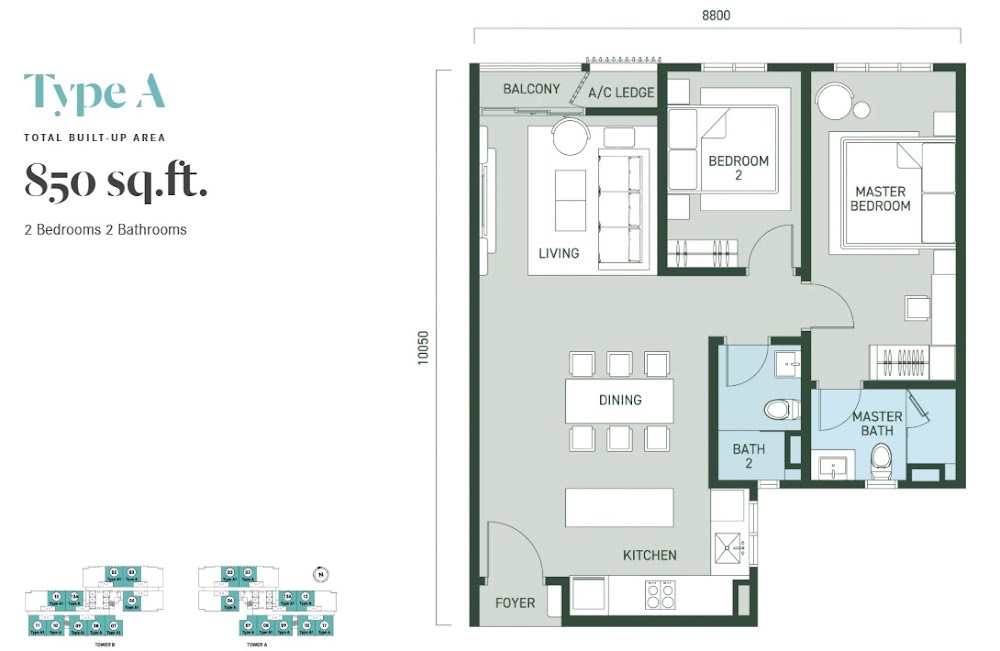 Aras Residence Type A floor plan — 956 sq ft, 3 bedrooms