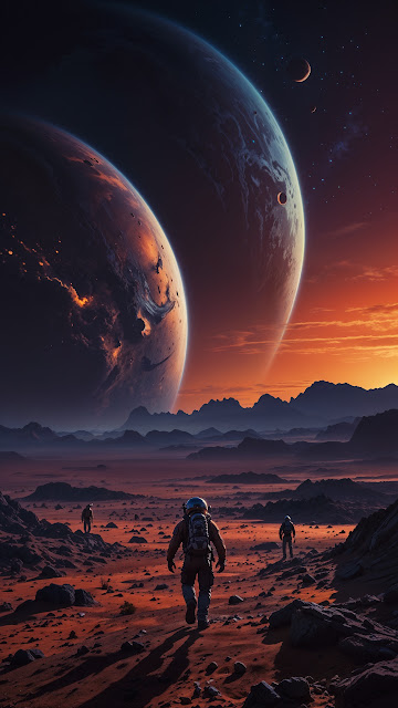 Astronauts on Red Planet Under Giant Moons - Free mobile Wallpaper
