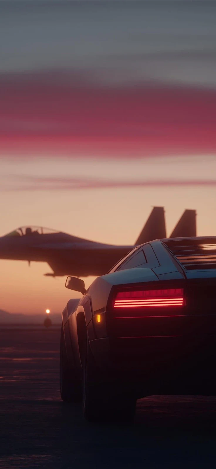 Retro Sports Car At Sunset Runway - Digital Art Full HD iPhone Wallpaper (1080x2348)