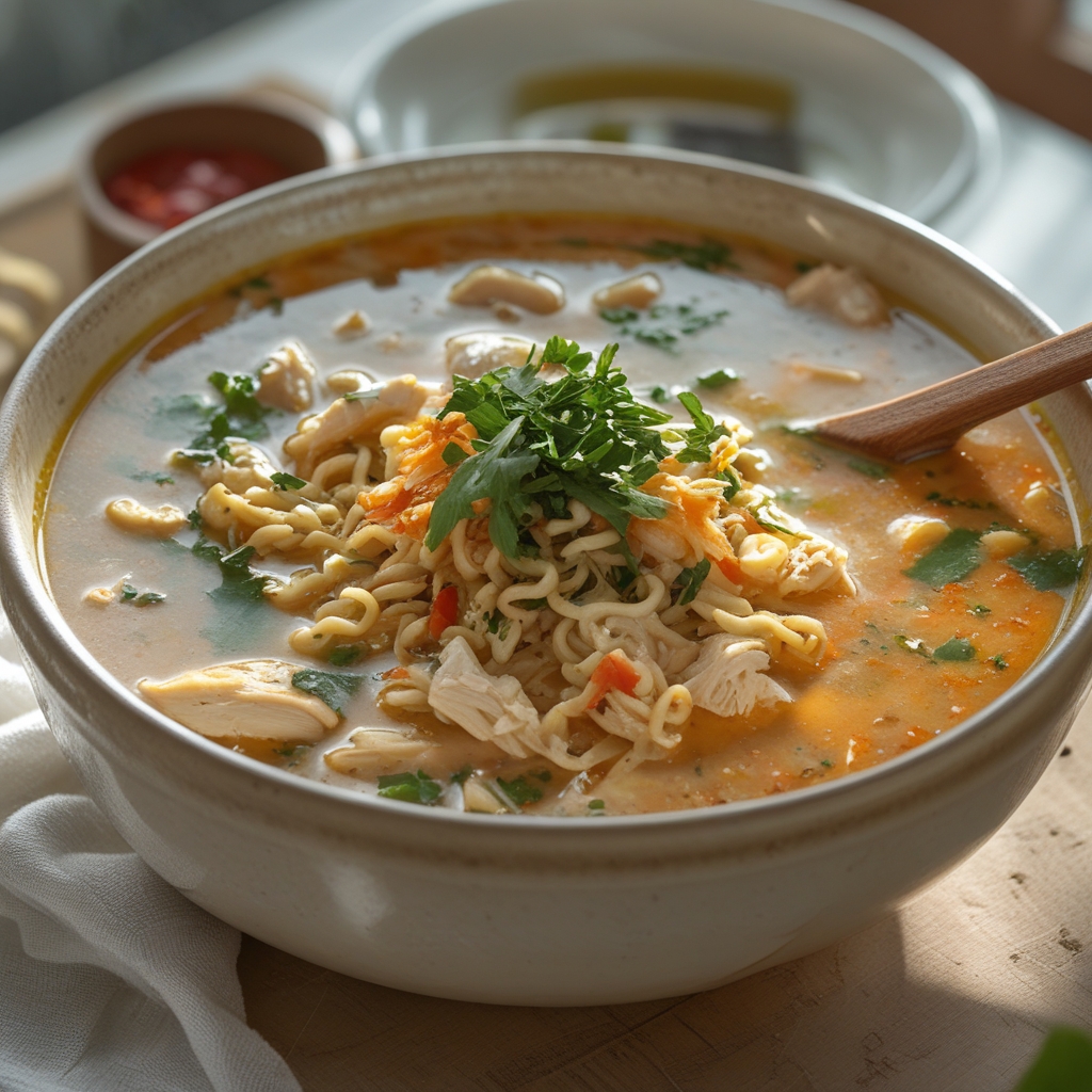 Revitalizing & Spicy Creamy Chicken and Ramen Soup for Spring - Easy Homemade Comfort