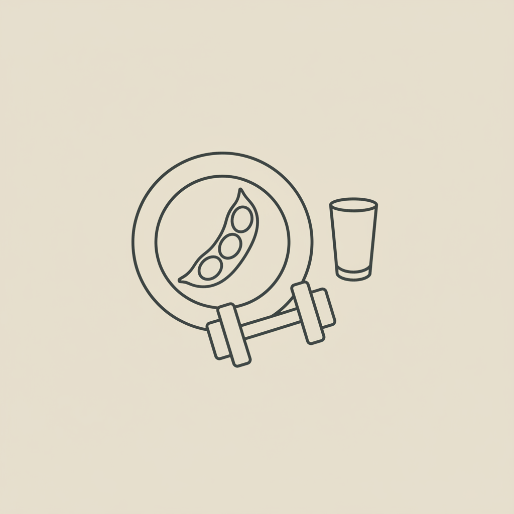 Minimal Tonum-style line illustration of a plate with a bean pod, water glass and dumbbell on beige background — do green beans burn belly fat