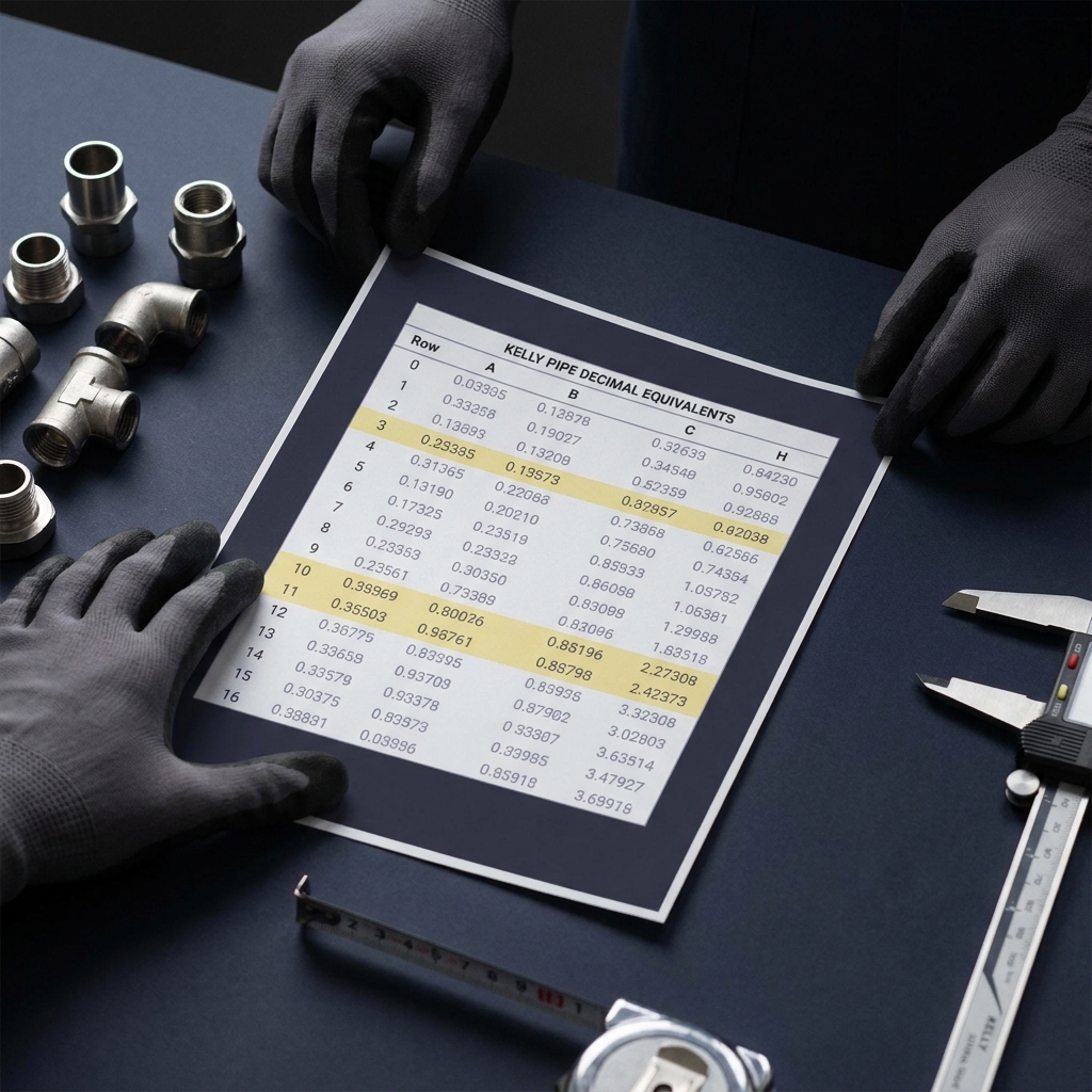 Technician using a printed kelly pipe calculator decimal equivalents chart beside pipe fittings calipers and measuring tape on a clean dark Funded Plays style workbench