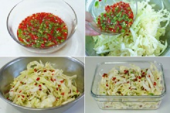 Ớt sừng cắt nhỏ, bỏ hạt, cho vào chén cùng 2 muỗng canh giấm, 2 muỗng canh nước mắm, 1 muỗng canh đường trắng, khuấy đều. Cho bắp cải vào, trộn đều.