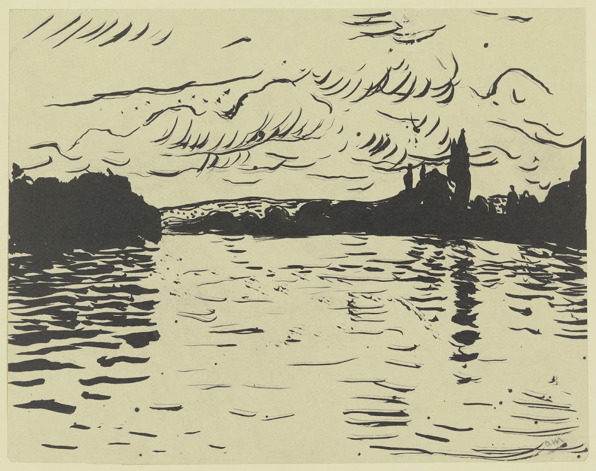 Fluss von Bäumen umsäumt