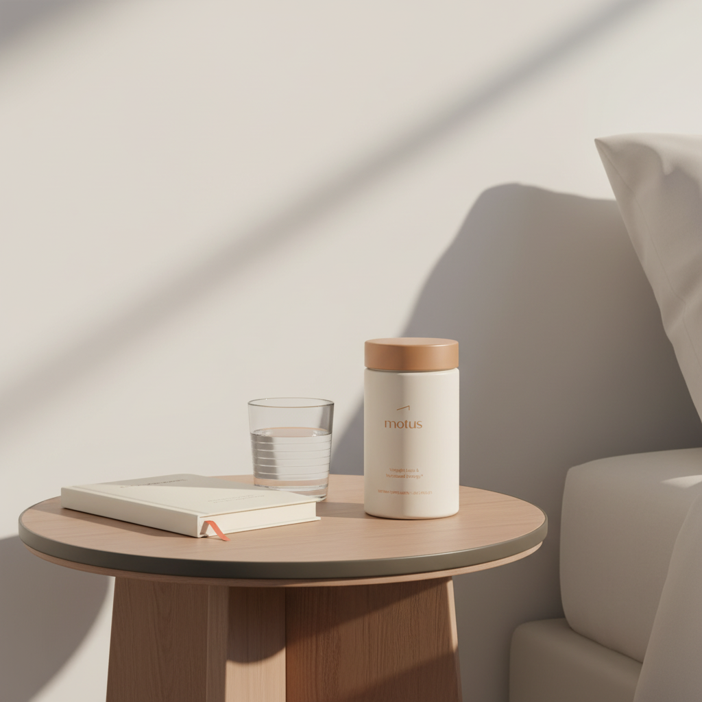 Minimalist bedside photo of Motus supplement bottle on a table beside a notebook and glass of water, suggesting vitamin deficiency weight gain and daily weight-management routine