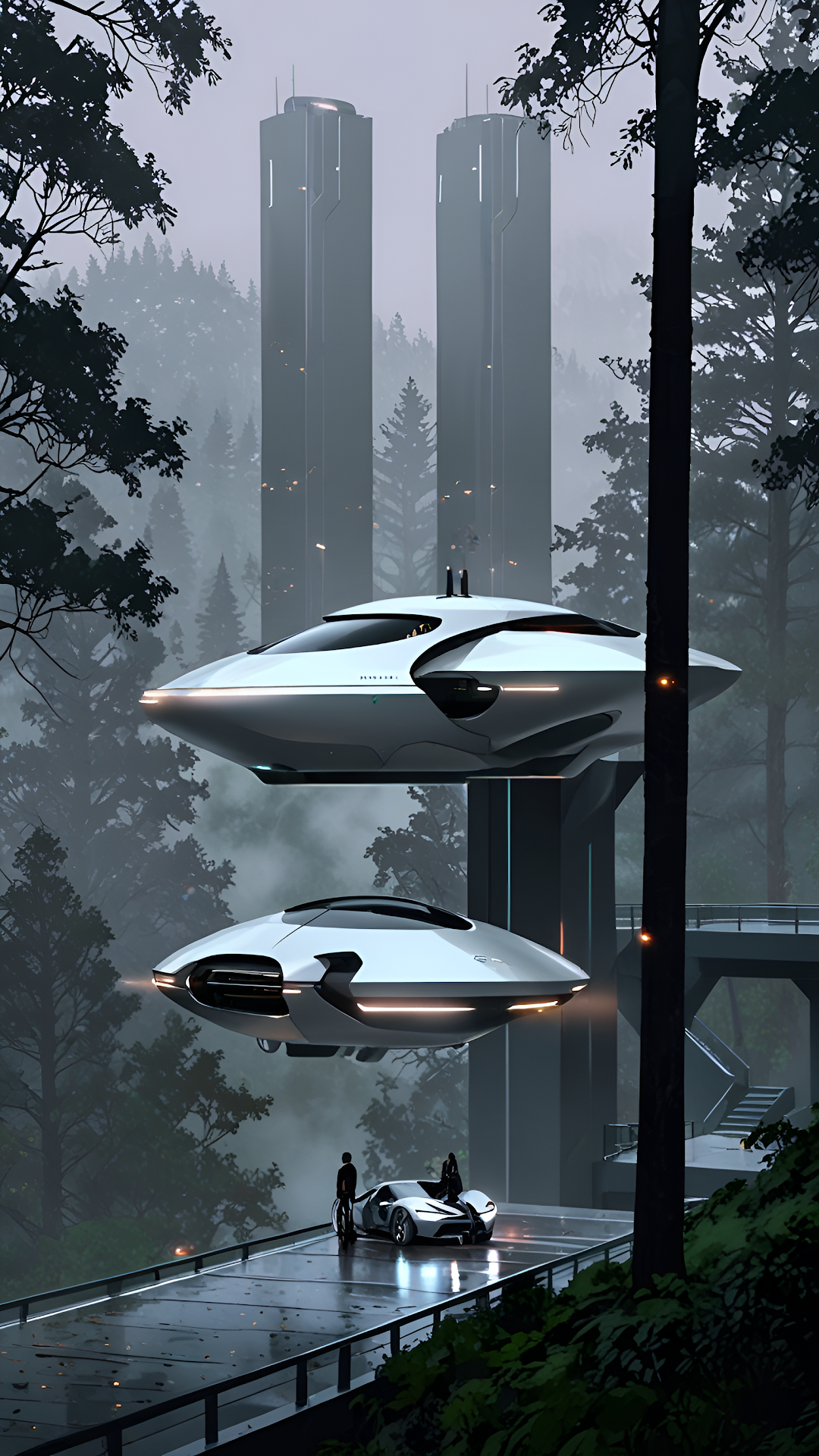 Futuristic Flying Vehicles Docked in Misty Forest Reserve - Free 4K mobile Wallpaper