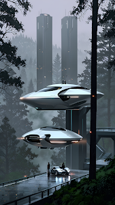 Futuristic Flying Vehicles Docked in Misty Forest Reserve